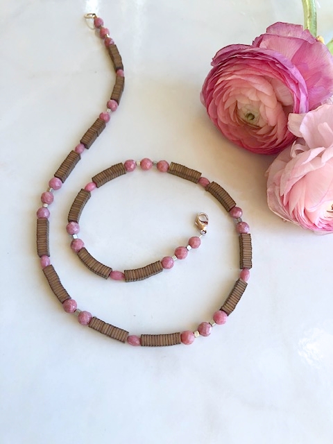 A Pink Rhodocrosite, Brass, Crystal Necklace